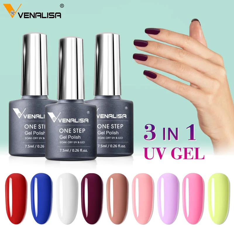 3 in 1 VENALISA  One Step Nail Gel Polish Full Coverage Gorgeous Color Soak off UV LED Nail Gel Varnish Nail Art Salon Lacquer