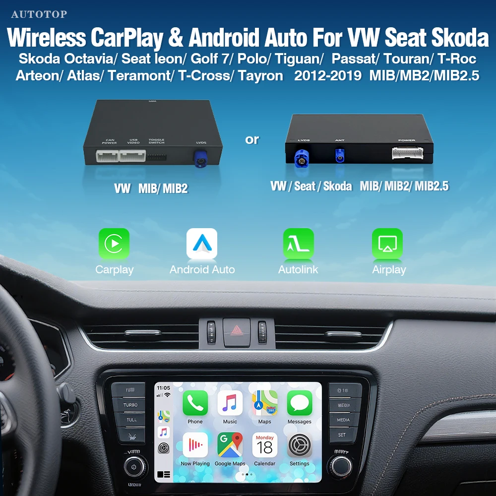 Module Android Auto Carplay sans fil AUTOTOP pour Skoda Octavia Seat VW Volkswagen Golf 7 Polo Passat MIB MIB2 AirPlay