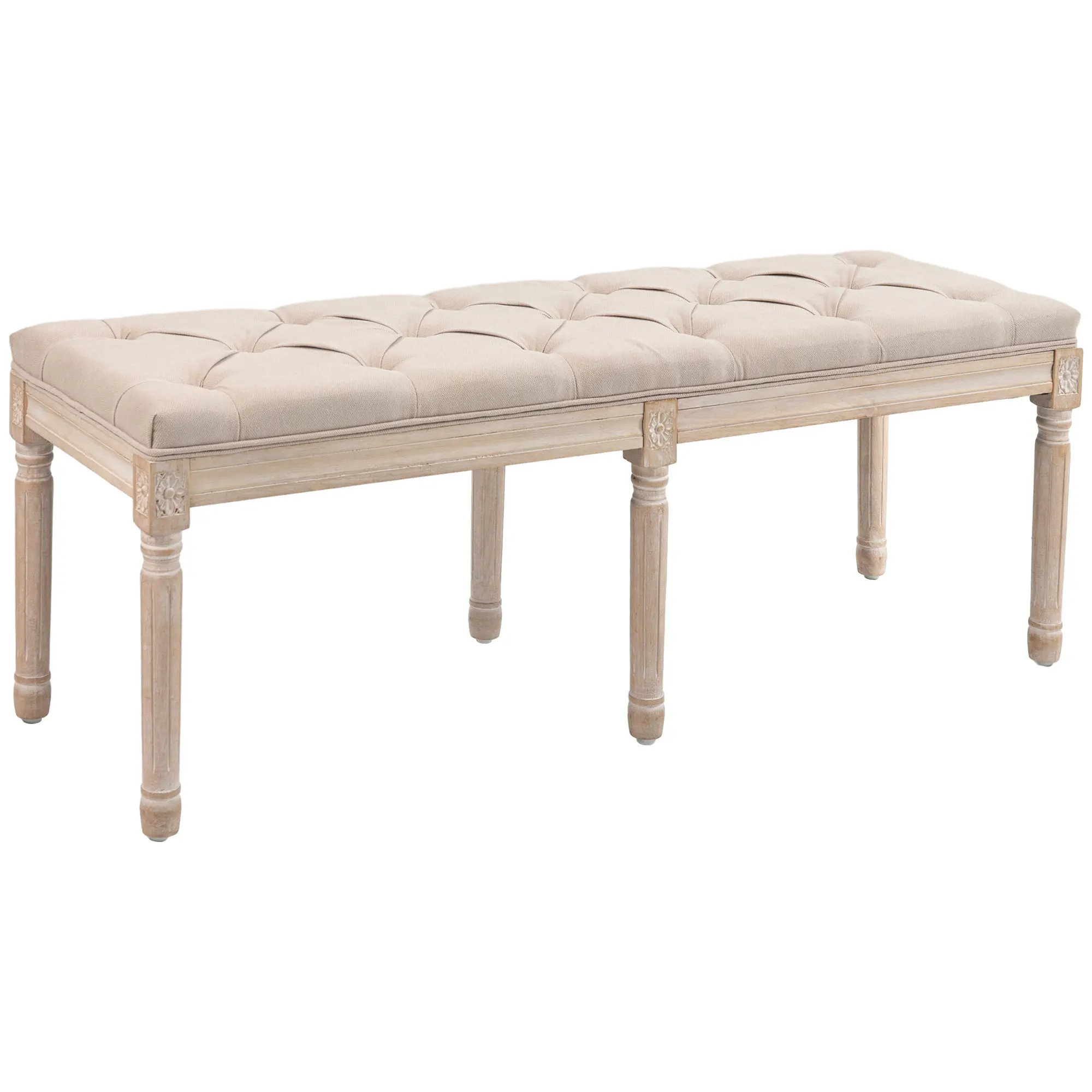 Banc au design vintage, capitonnage à boutons, pieds tournés, style shabby chic, crème et blanc