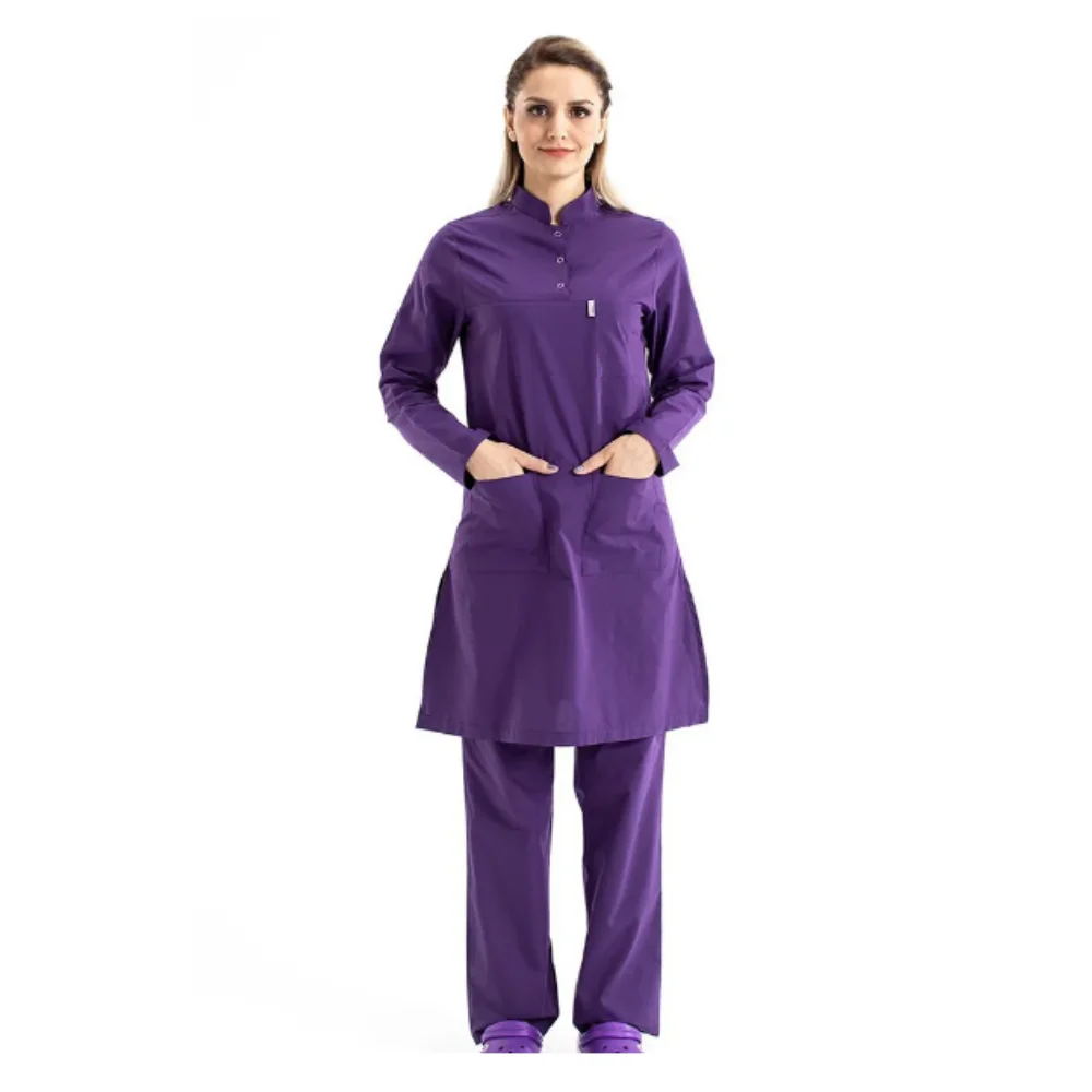 2023 Waterproof Long Nurse Uniform Women Pocketed Muslim Judge Collar Fabric Doctor Dentist Beauty Salon Hospital Healthcare Staff Clothing Islamic Work Clothes Medical Surgical Scrub Cotton Suitable Size Comfortable