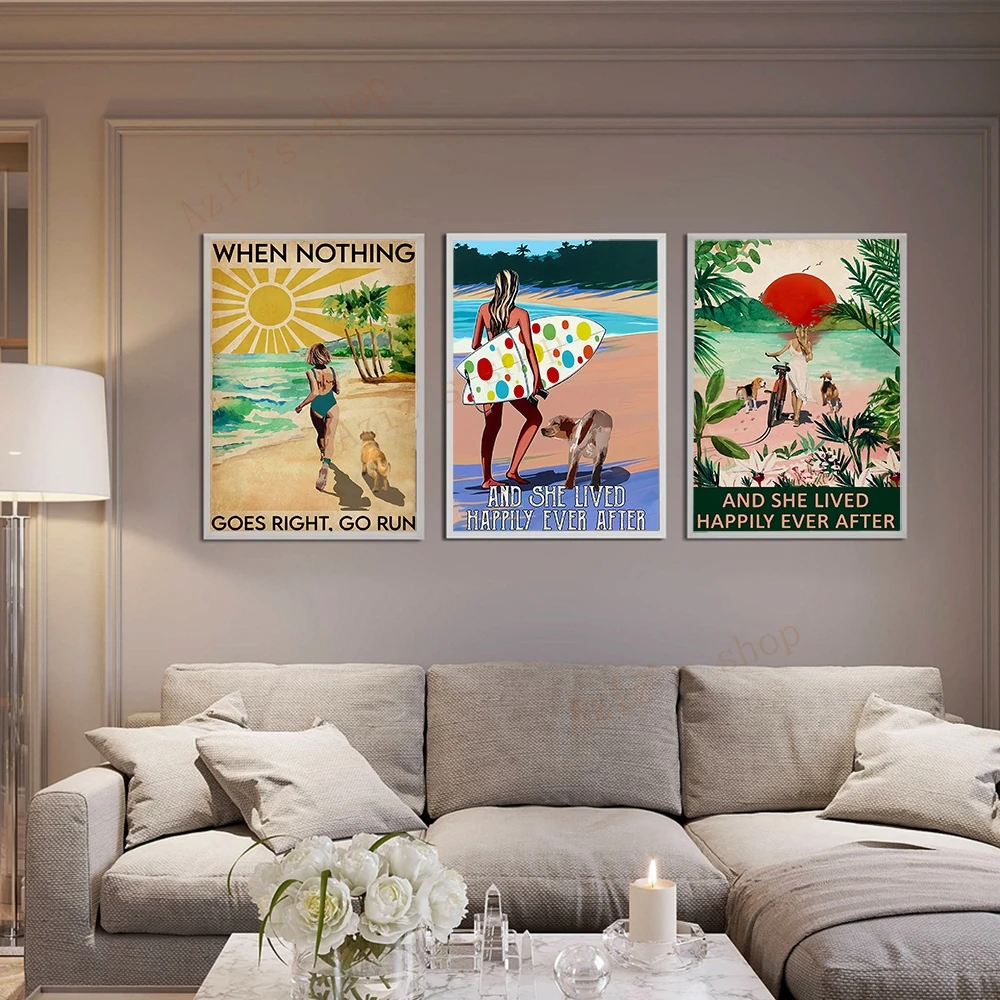 Girl Dog At The Beach Surfing Running Cycling Retro Poster Beach Sun Landscape Canvas Painting Wall Pictures Prints Home Decor