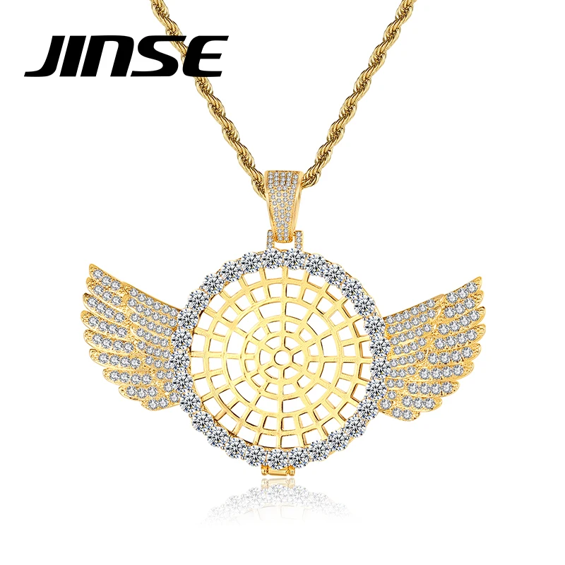 JINSE Iced Out Cubic Zirconia Pendant Necklaces Hip Hop Round Angel Wings Big Dangle Chains for Men Male Fashion Dating Jewelry