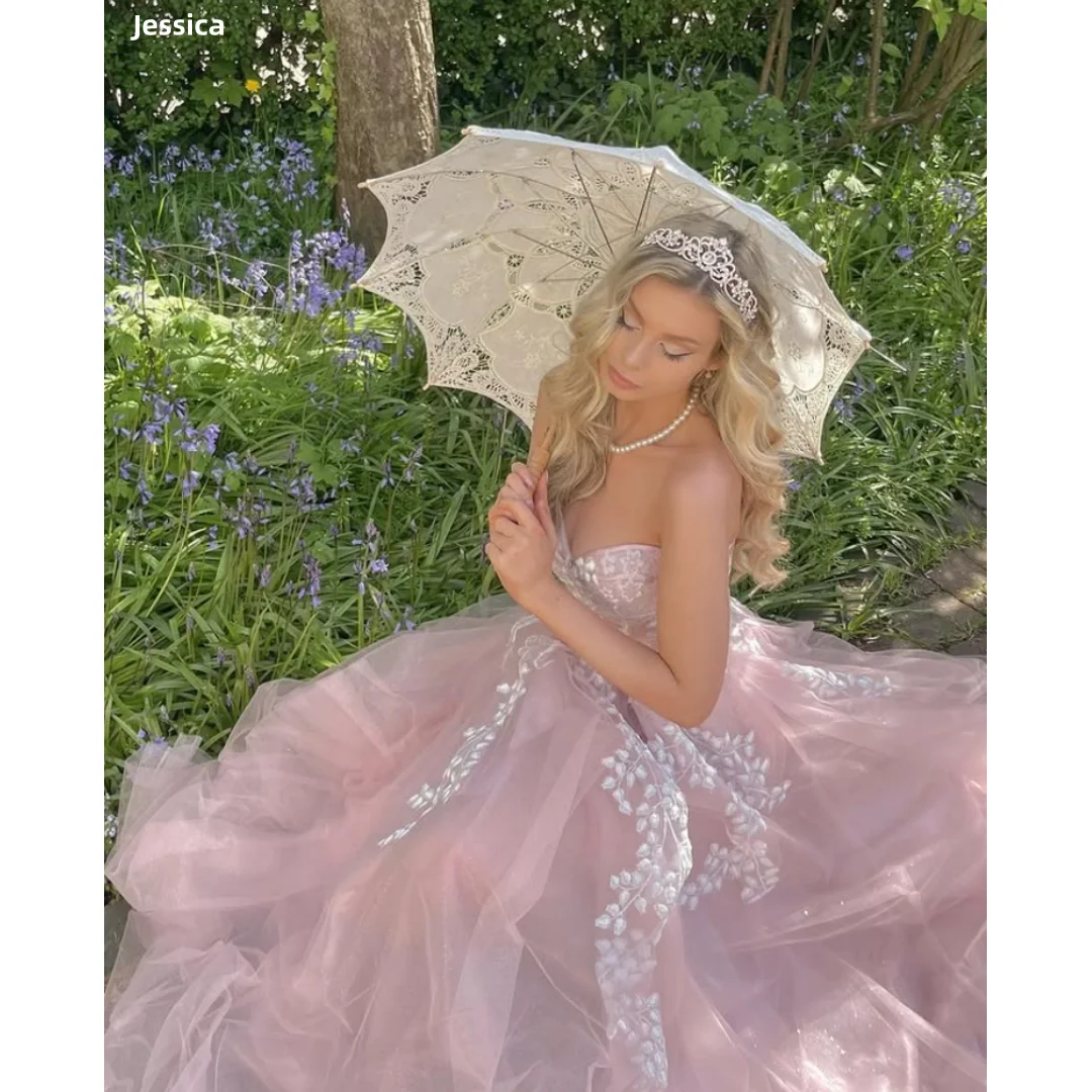 

Jessica Sweetheart Pink Evening Dresses Sexy Off-shoulder Prom Dresses Embroidered Tulle Wedding Party Dresses Customized