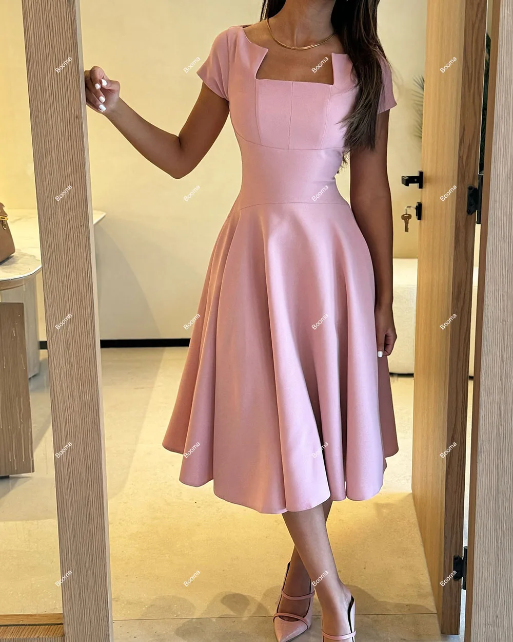 Booma Pink A-Line Prom Dresses Short Sleeves Formal Occasion Gowns for Women Saudi Arabic Tea-length Party Dresses Outfits