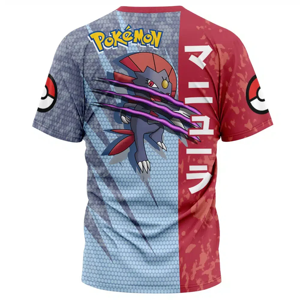 Men's Pokemon Weavile Split Color Full Print T-Shirt, Red Grey Anime Japanese Kanji Casual Short Sleeve Tee