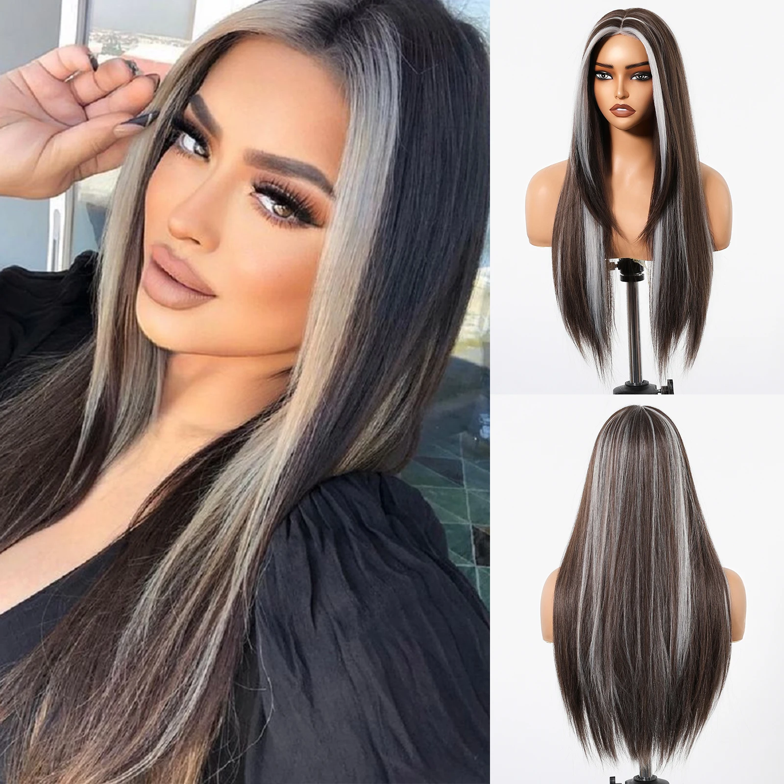 

Long Straight Synthetic Lace Wigs for Women Dark Brown with White Highlight Layered Wig Lace Front Natural Hairline Cosplay