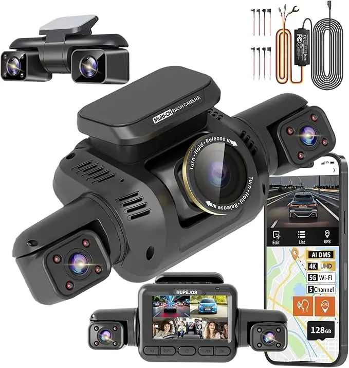 HUPEJOS 360° °   V8 Ultra-5CH 4K Dash Cam met AI Driver Monitor Systeem DMS Ingebouwde GPS WiFi Nachtzicht, 24/7 Parkeermonitormodus