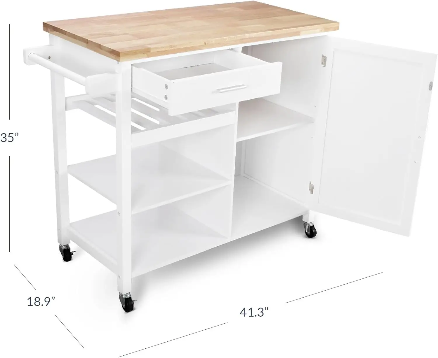 Moderne Rollende Keuken Eiland Utility Cart Met Een Lade, Opbergkast, Handgreep Handdoekrek, Rubber Houten Top