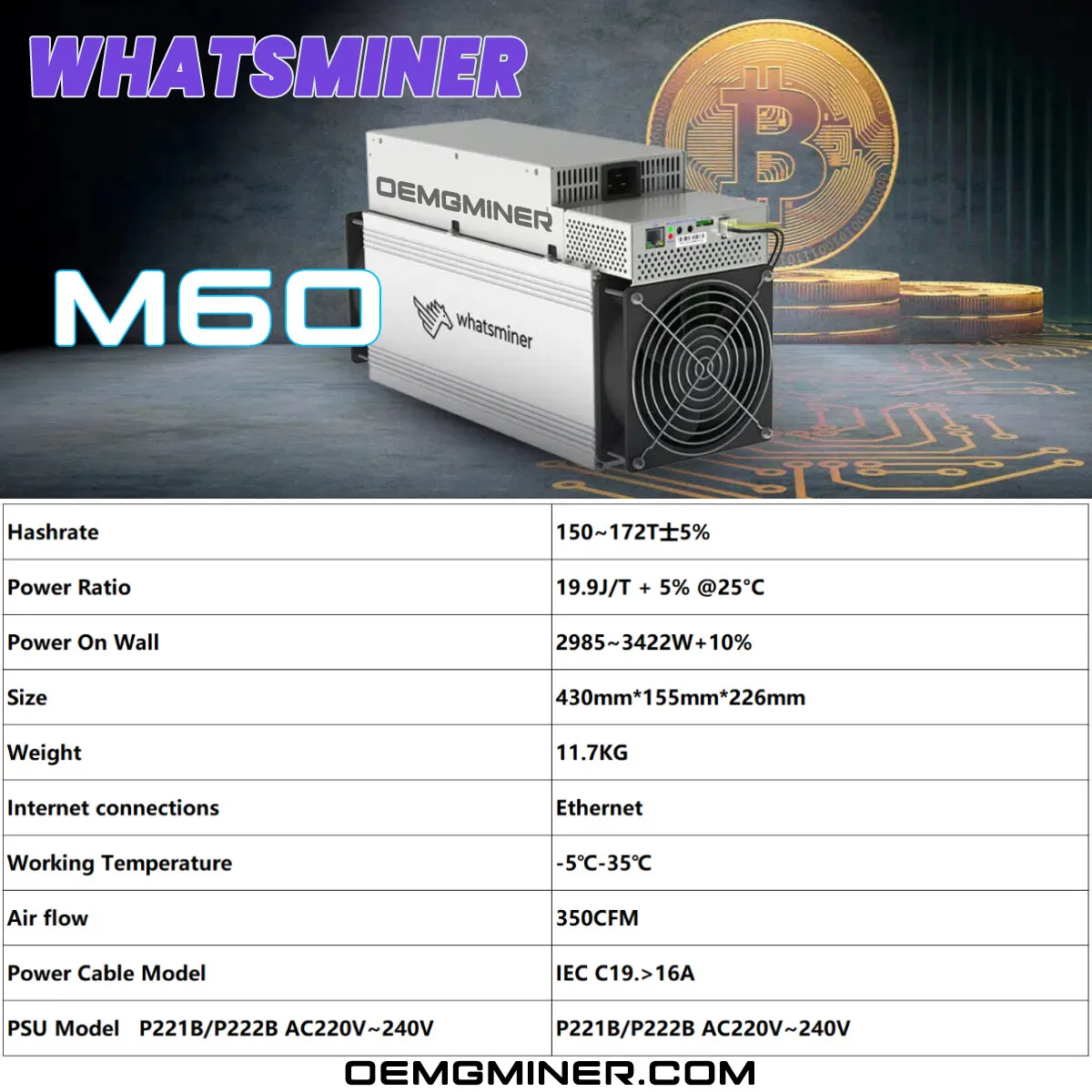

Новый майнер Whatsminer M60 174T 3463W ASIC BTC Bitcoin Miner включает блок питания