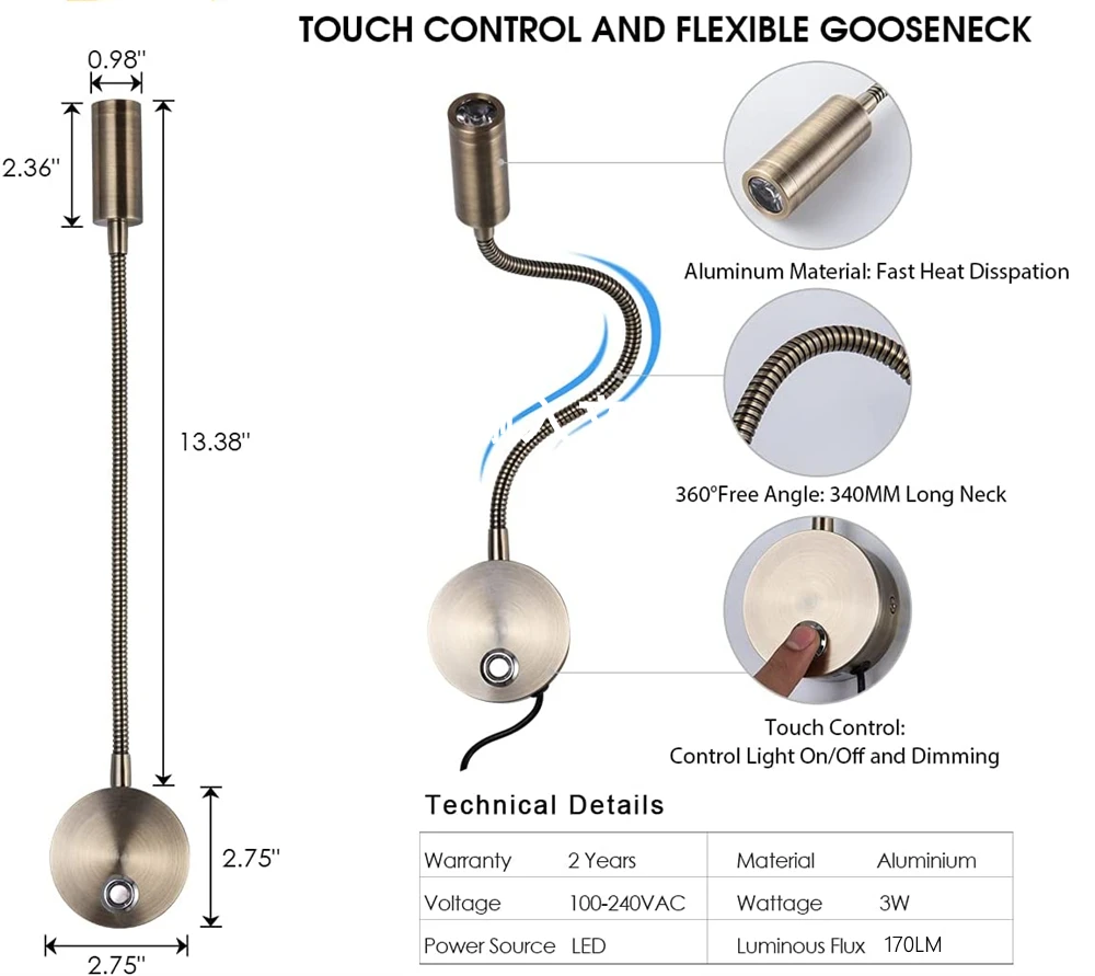 Imagem -06 - Topoch Bronze Flexível Gooseneck Lâmpada Plug in Cabo Usb Montagem em Superfície Arandela para Cabeceira da Cama Cores Escurecimento Luz de Leitura