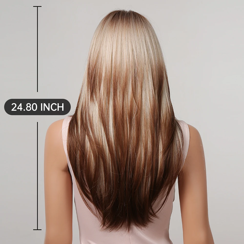 Pelucas sintéticas largas y rectas en capas para mujeres negras, color marrón, Balayage degradado con flequillo, disfraz de Cosplay, resistente al