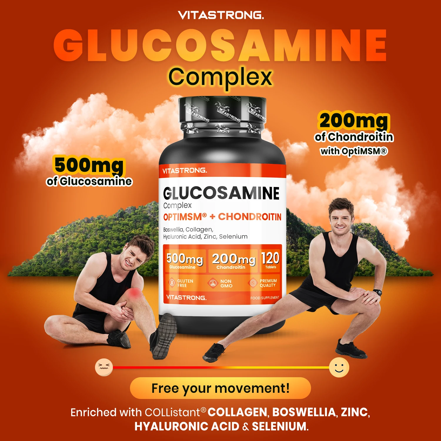 Vitastrong Glucosamine Chondroitin مع MSM، الكولاجين وحمض الهيالورونيك، الزنك، السيلينيوم، المنغنيز، Boswellia، مكمل MSM المركب الجلوكوزامين، العظام، المفاصل، الغضروف، جودة ممتازة