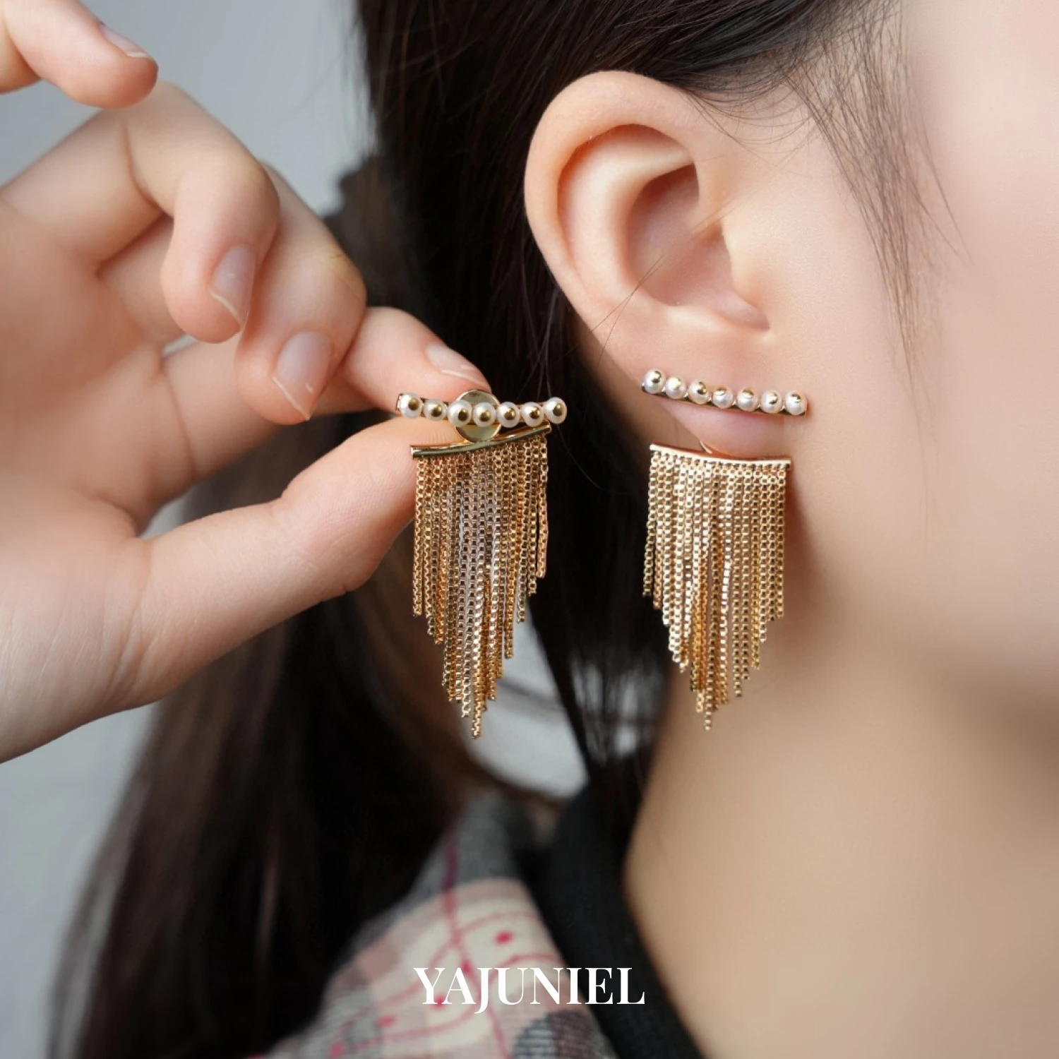 YAJUNIEL 24K Real Gold Plated Natural Pearl Bar & Tassel Drop Earrings for Women Hypoallergenic Fringe Stud Earrings
