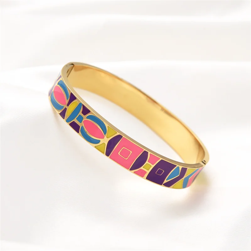 Top Selling Popular Stainless Steel Open Bangle For Women Gold Geometric Colorful Enamel Painted Bangles Wedding Jewelry Gifts