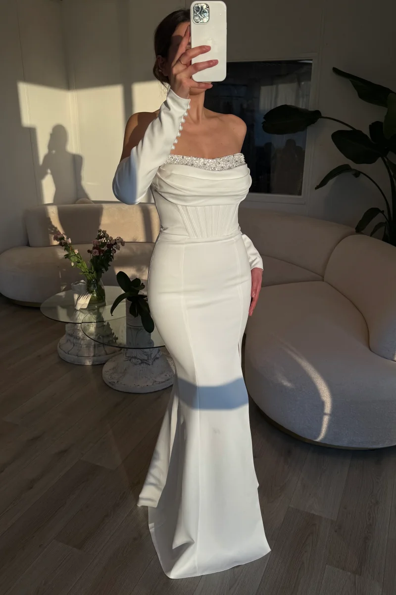 

Annie Gorgeous White Prom Dresses Herringbone Pleated Sequins Evening Dresses Elegant Long Sleeve Mermaid Formal فساتين سهرة