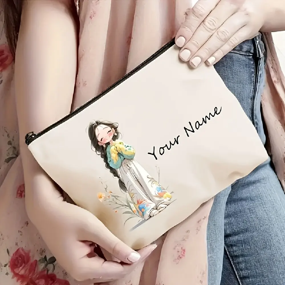 Custom Name Polyester Makeup Bag Green Girl Position Print White Zipper Large Odorless Storage Gift For Sisters Friends Family