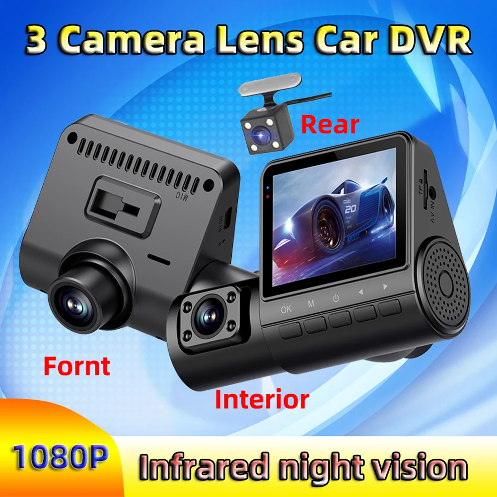 1080P Car Dash Cam Front Inside Rear 3 Channel Car Recording Camera Loop Recording Night Vison G-Sensor 24h Parking Monitoring