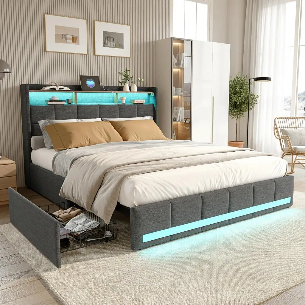 Cama doble tapizada de 180 x 200 cm, cama con almacenamiento, con luz LED y puerto USB, 4 cajones, lino, gris (colchón no incluido)