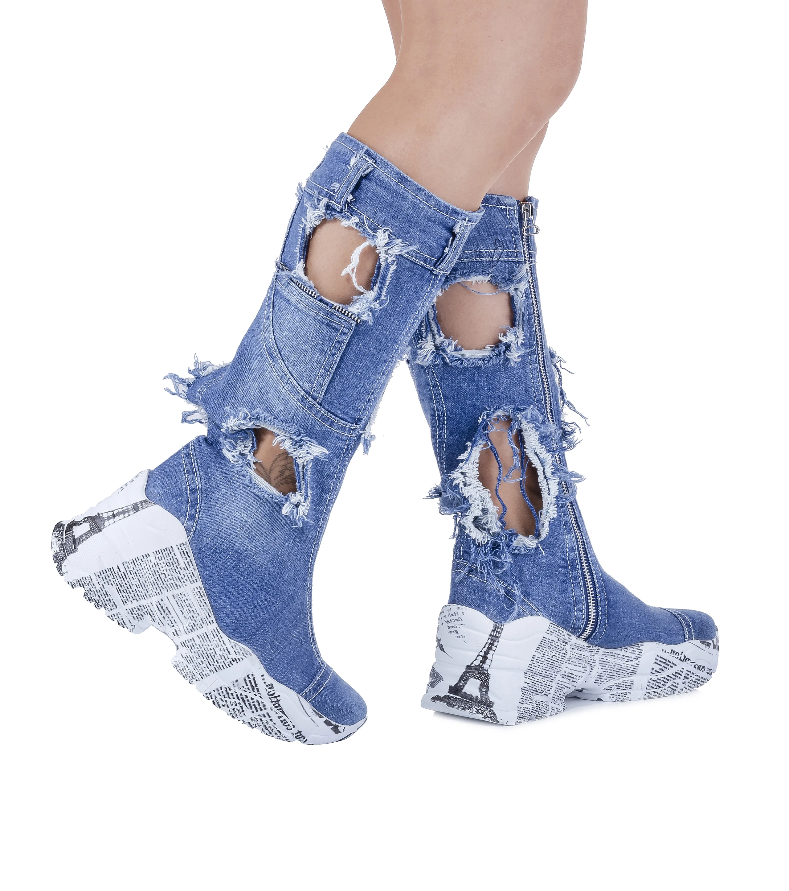 Jeans Shoes  Handmade Embroidered Blue Ripped Patterned Denim Boots Women's Sports Shoes