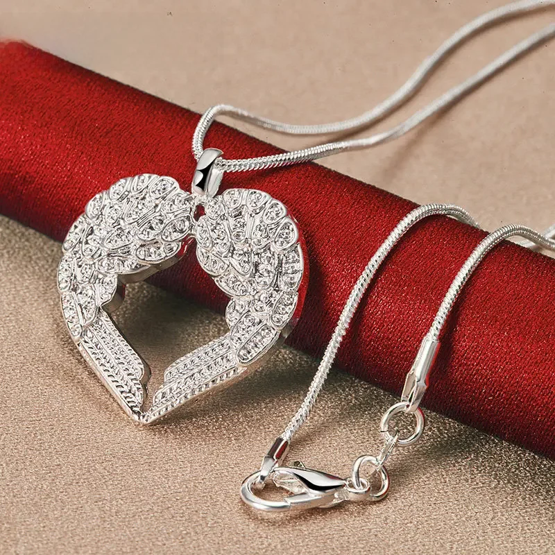 Fine 925 Sterling Silver 16-30 cali naszyjnik w kształcie serca z piórkiem dla kobiet moda urok prezent ślubny Party biżuteria — zdjęcie 2