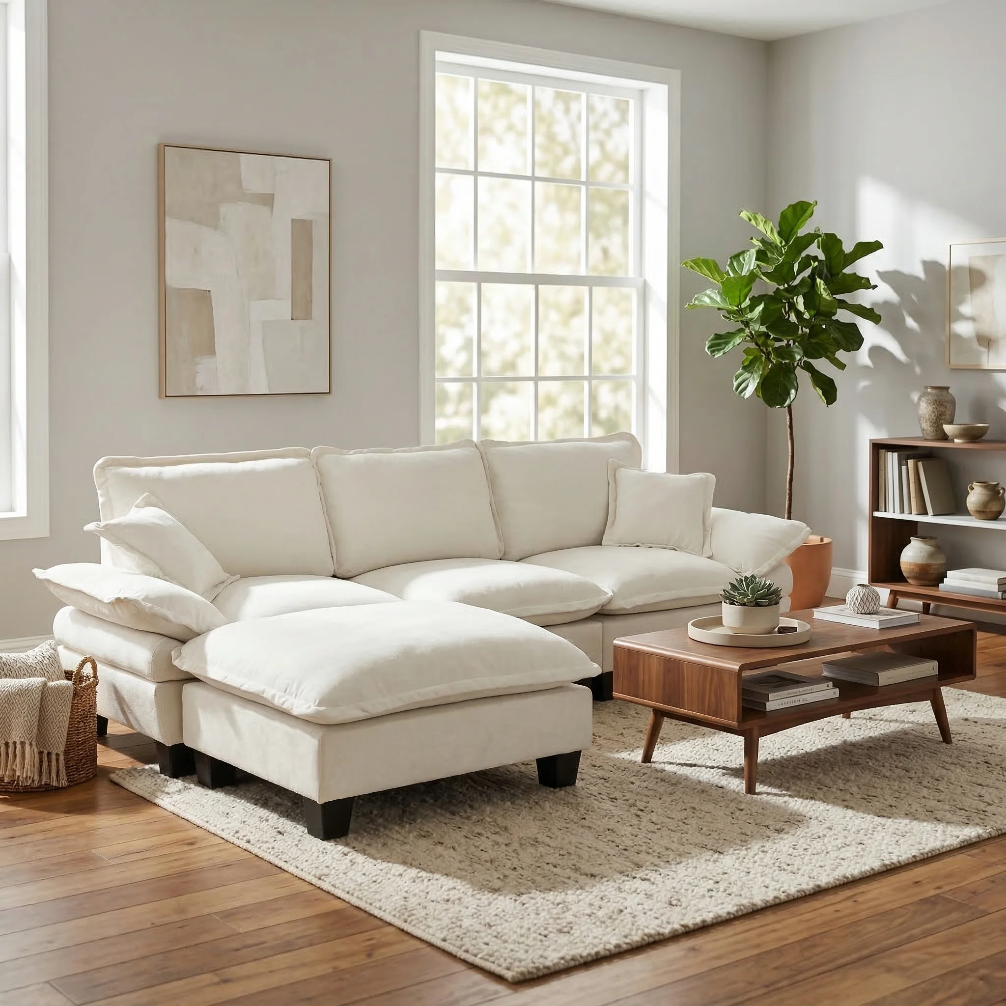 Canapé Cloud modulaire en L beige Chenille, design voilier avec pouf mobile et 2 oreillers, meuble confortable pour salon et appartement