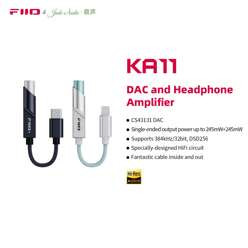 FiiO/JadeAudio KA11 Type C/Lightning  to 3.5mm Audio Adapter 32bit/384KHz, USB Dongle HiFi DAC Amplifier for Android/iOS/Win