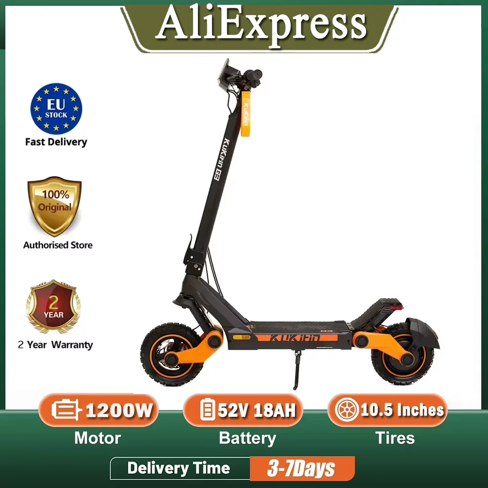 Trottinette électrique KuKirin G3, moteur 1200W, batterie lithium 52V 18Ah, vitesse maximale 25 km/h, écran tactile, panneau de commande.
