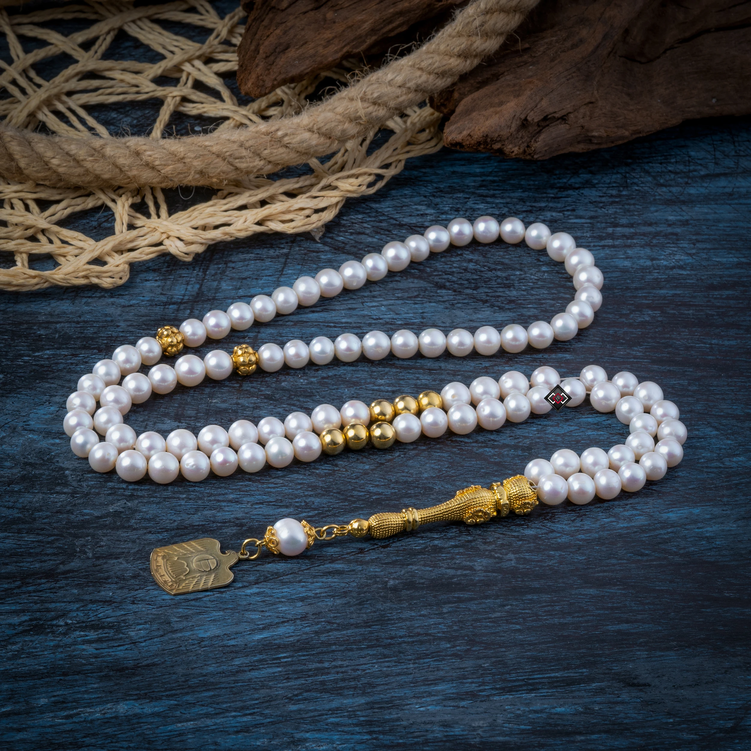 6mm Prayer Beads with Natural Pearl Stones and 99 Beads + Special Silver Logo Design