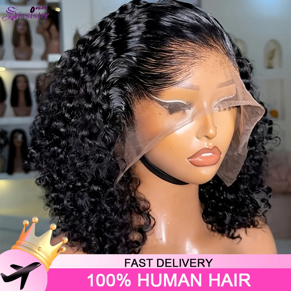 250% lockige kurze Bob-Perücken, 13x4 Lace Frontal Echthaarperücke, Deep Wave, vorgezupft, 4x4 Closure, kurze Echthaar-Bob-Perücken für Damen
