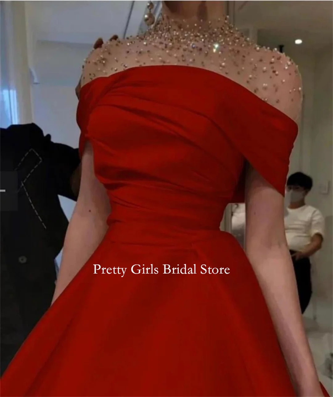 2024 Fashion Style Arabic Morden High Neck Beading Satin Evening Dresses Customized Formal Prom Growns Party Women Bride