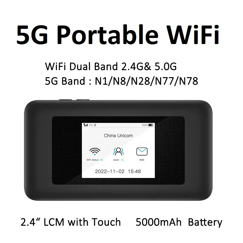 Portable 5G WiFi Router Unlocked 4G 5G MiFis Router with WiFi 2.4G & 5G Sim card Slot 5000mAh Battery