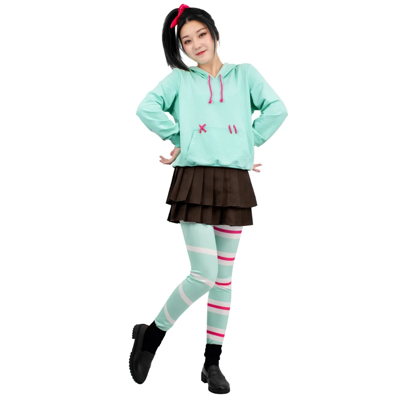 

DAZCOS Vanellope Von Schweetz Hoodie High Quality Short Skirt Outfit Leggings with Hairtie Full Set Halloween Party Dress Girls