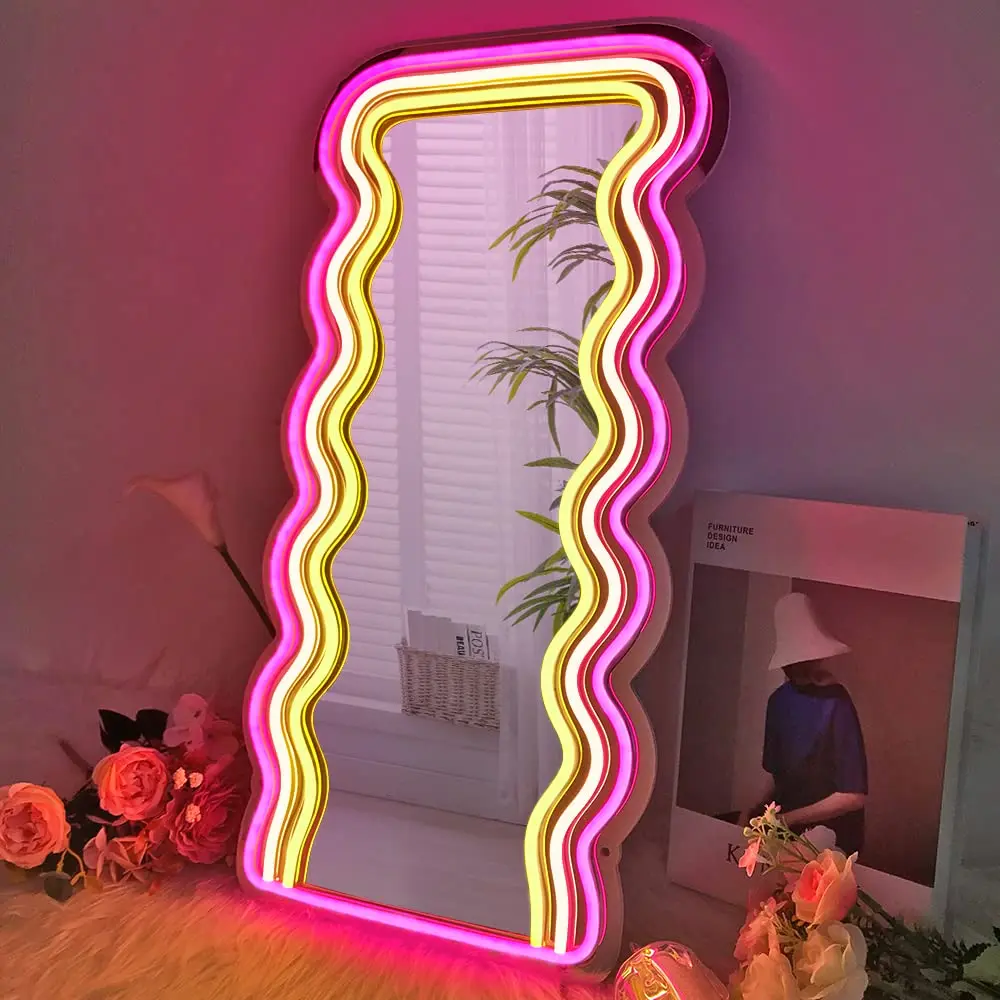 Wavy Mirror Neon Signs Wall Decor Wall Mounted Irregular Decorative Selfie Mirrors Neon Lights for Beauty Nail Salon Night Lamp