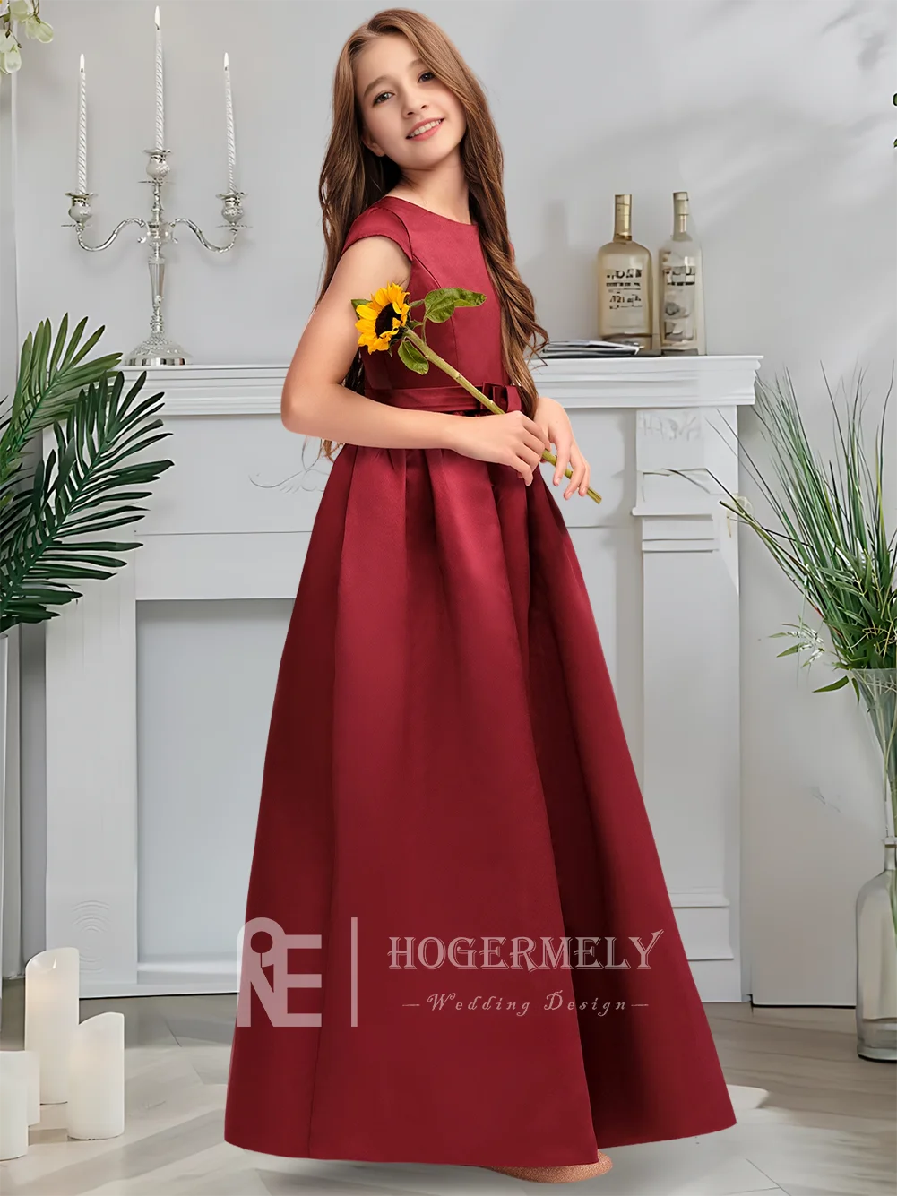 

A Luxurious Scoop Junior Bridesmaid Dress Merlot Flower Girl Dress Floor-Length Satin With Cascading Bows Wedding Party