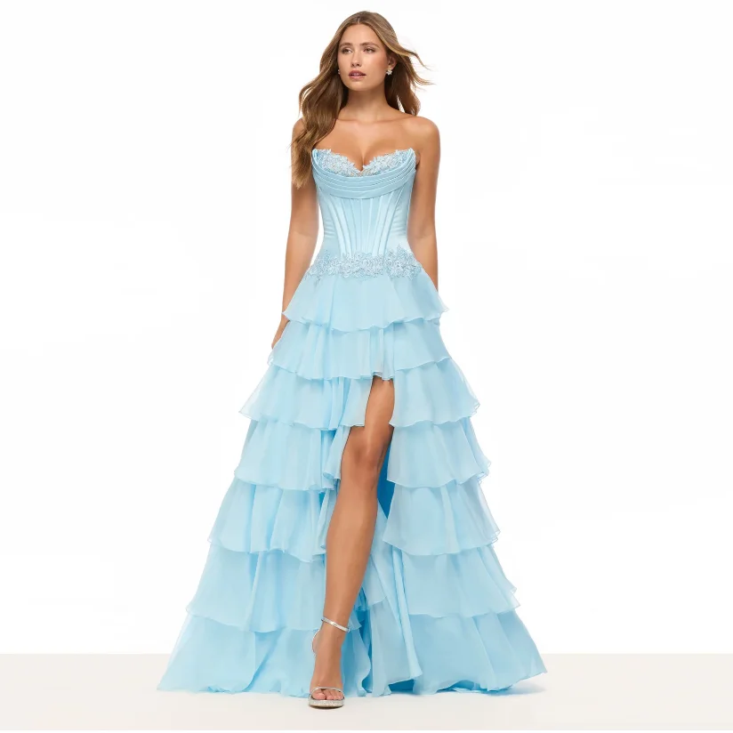 Abiti da sera blu cielo Abiti lunghi da ballo arabi divisi senza maniche Applique Chic Abito da festa da donna Tulle a strati A Line Realizzato su misura