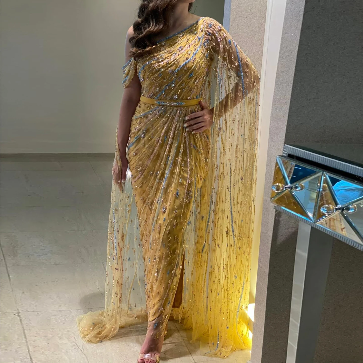 Sharon Said Luxury Dubai Arabic Gold Yellow Evening Dress with Cape One Shoulder for Wedding Formal Party Gowns SS423 Customized