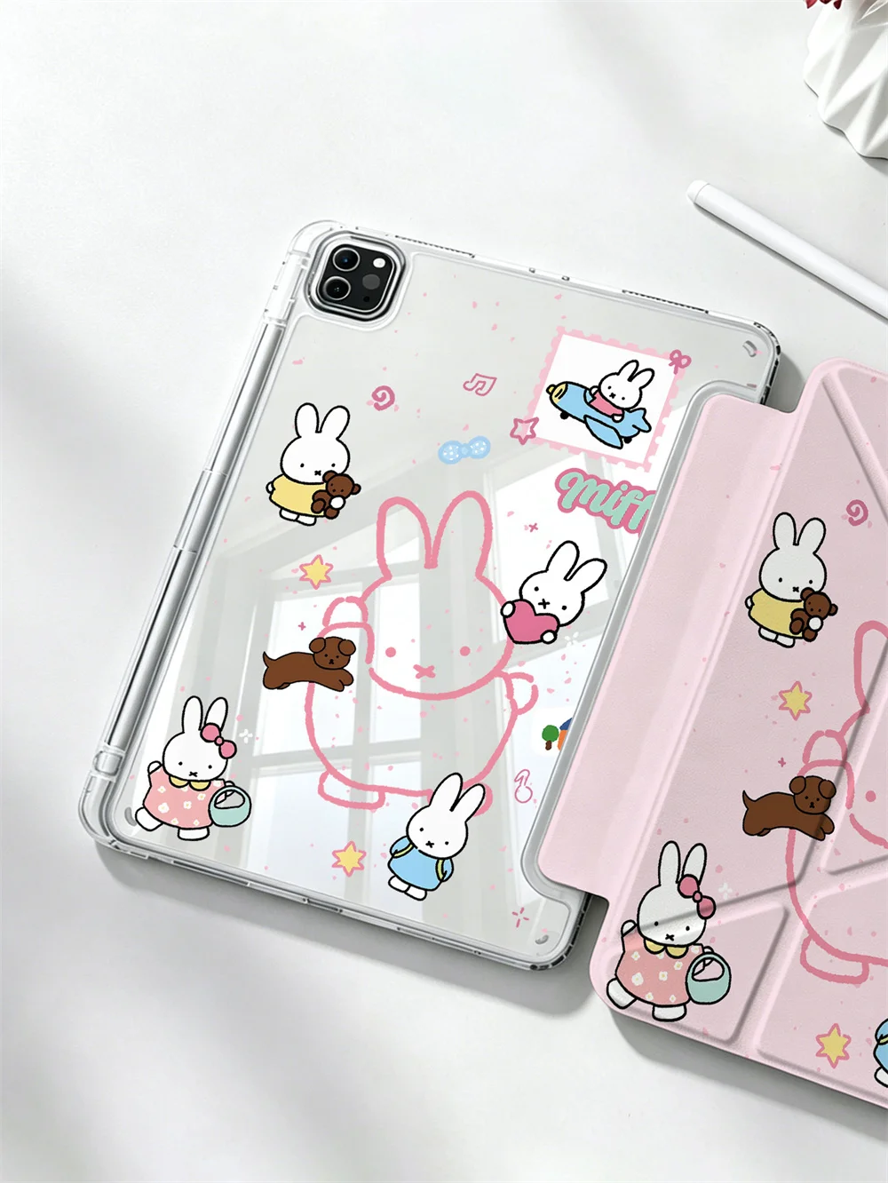 Kawaii Miffy Grid Star Print Crystal Clear Y-fold Double-sided Print Case For iPad Pro 11 Air4 Air5 10 Gen With Pencil Slot Shoc
