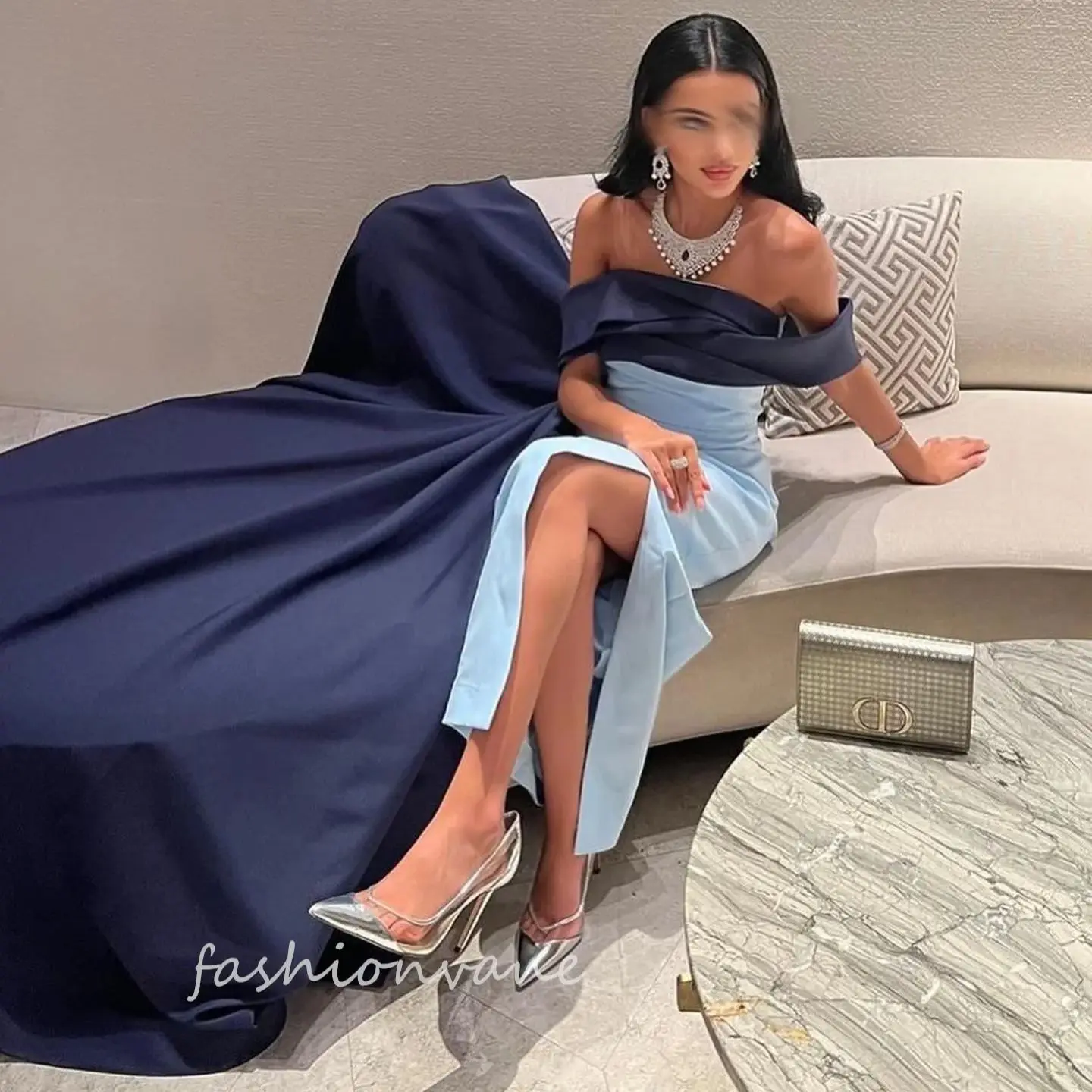 

Fashionvane Elegant Saudi Arabia Women Wear Evening Dresses off Shoulder Long Sleeves Prom Dress Contrast Color Party Gowns