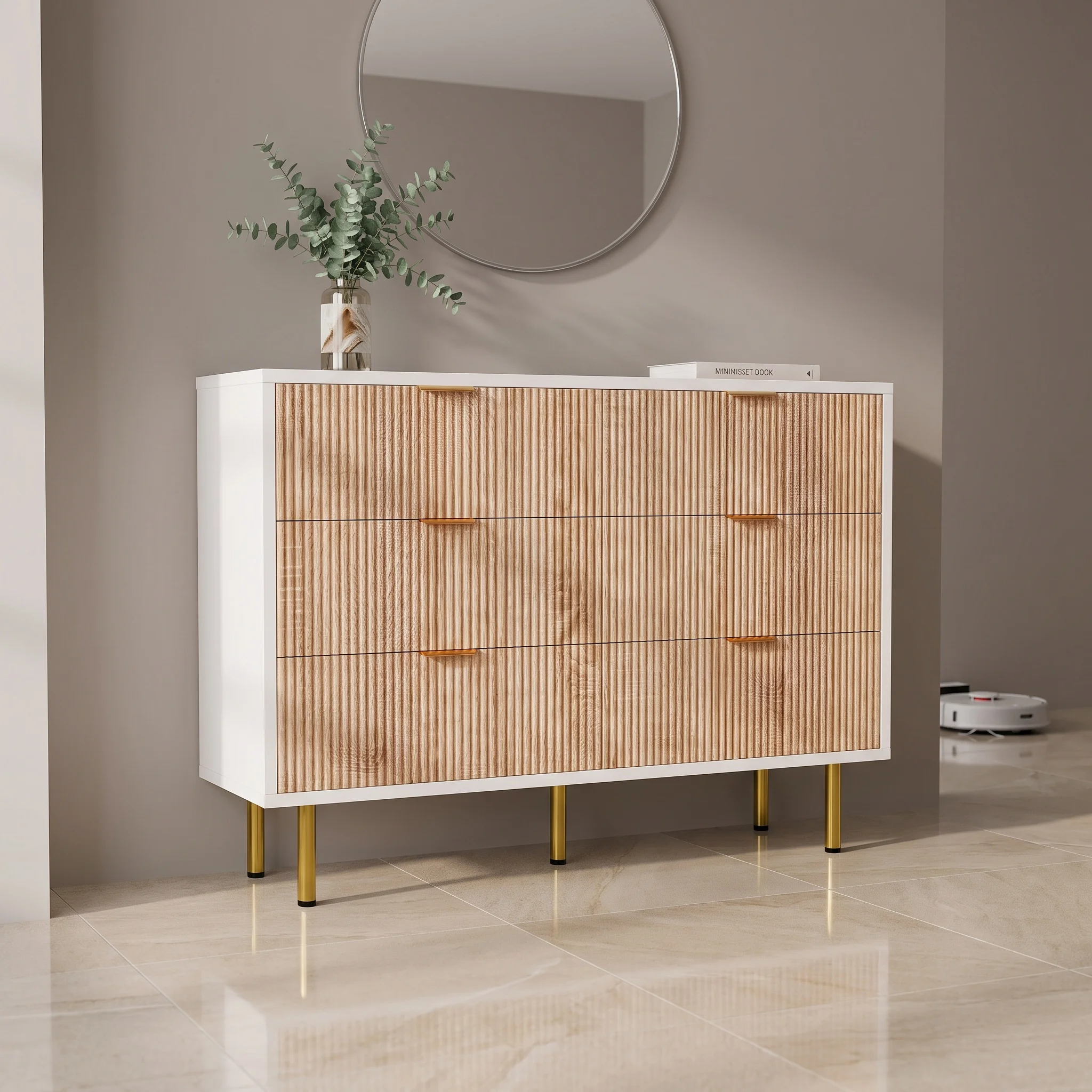 Comanlai Commode avec 6 tiroirs, tables de chevet, coffre de rangement, commode étroite, pour salon, couleur bois naturel + blanc