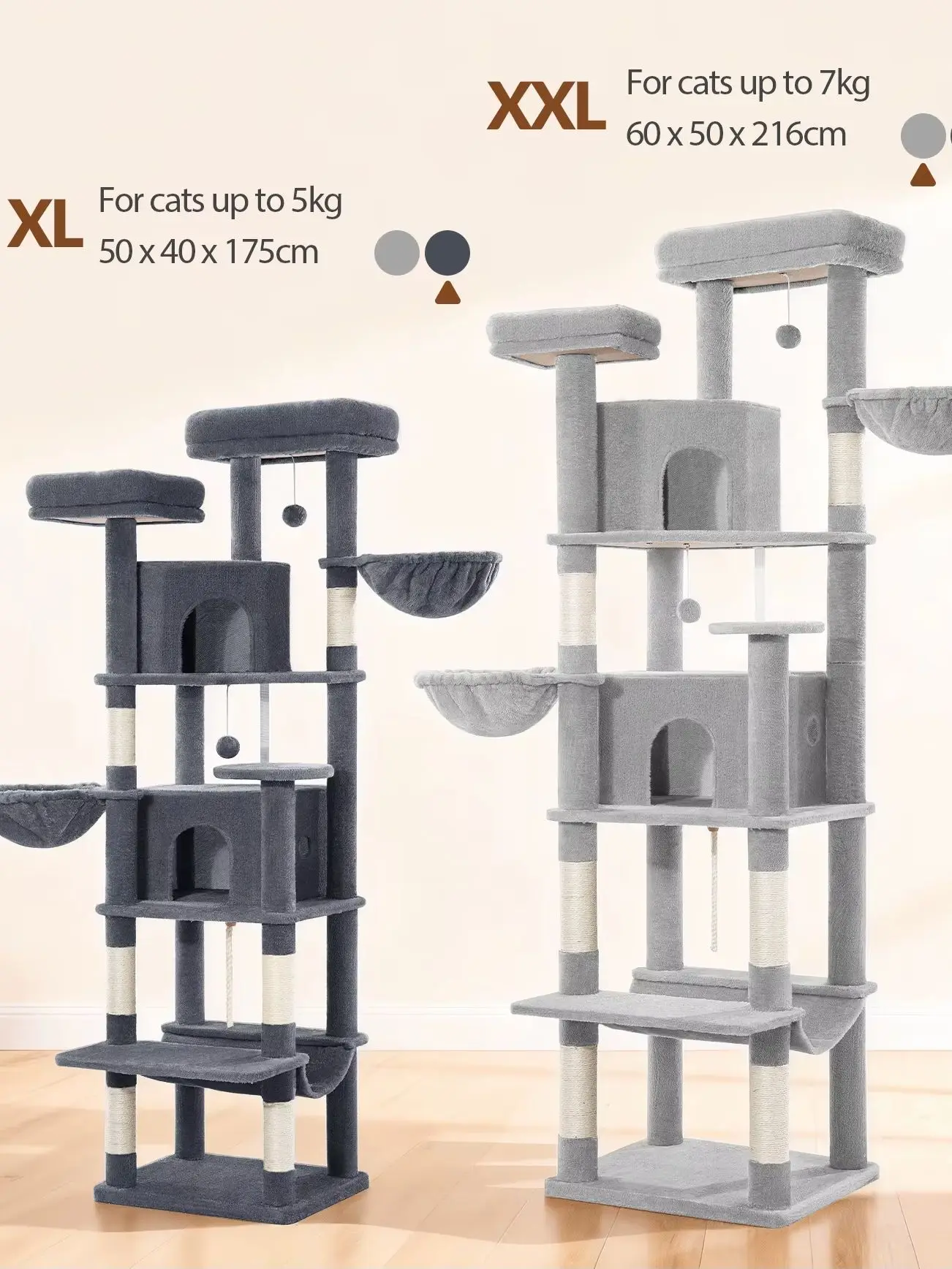 Arbre à chat de grande taille de 175 cm, pour chats de grande taille avec poteaux à gratter, 2 maisons confortables pour chats, 2 perchoirs, 2 paniers, hamac