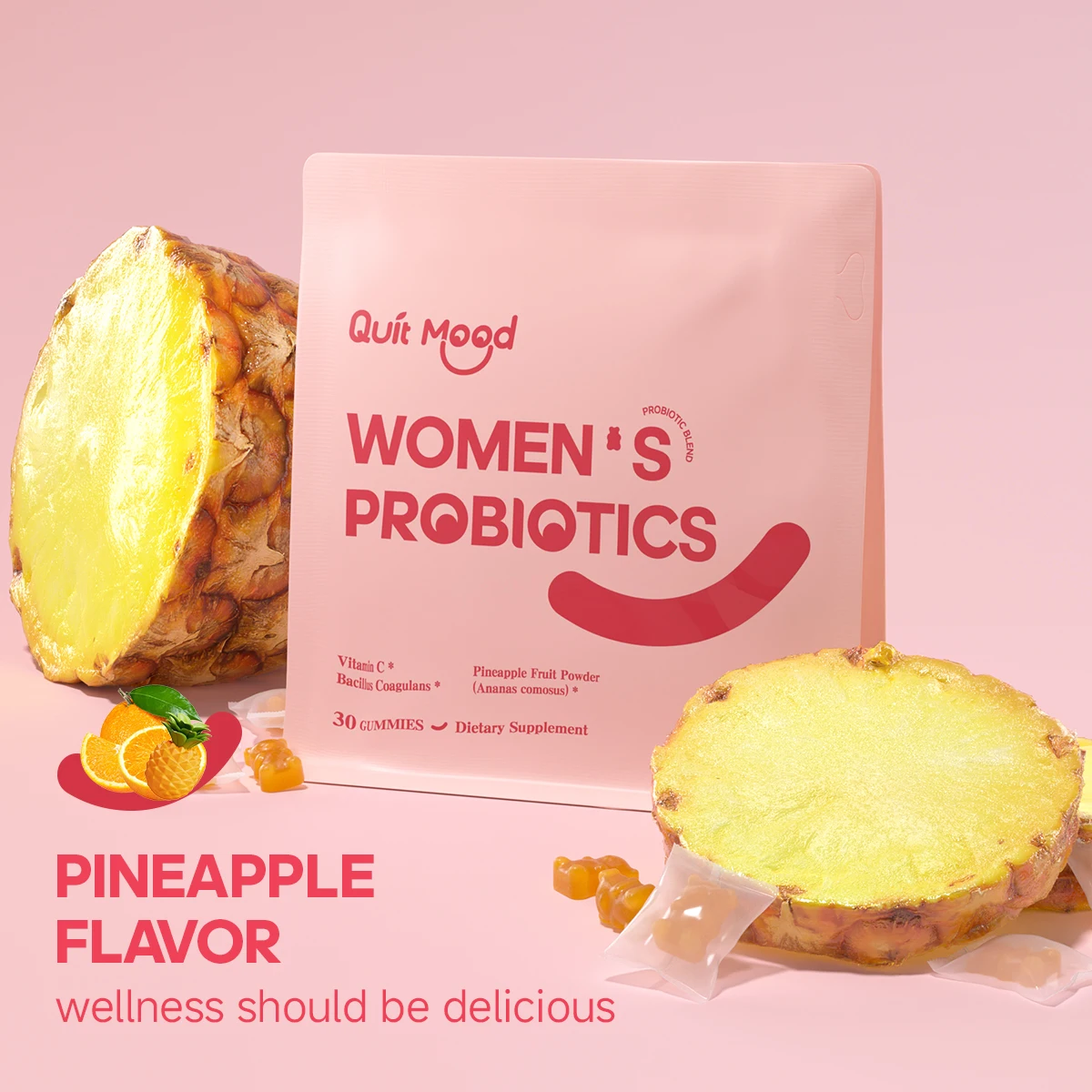 Quitmood Probióticos femeninos Ph Balance Gummies -Ananas hawaianas - paquete individual vitamina C