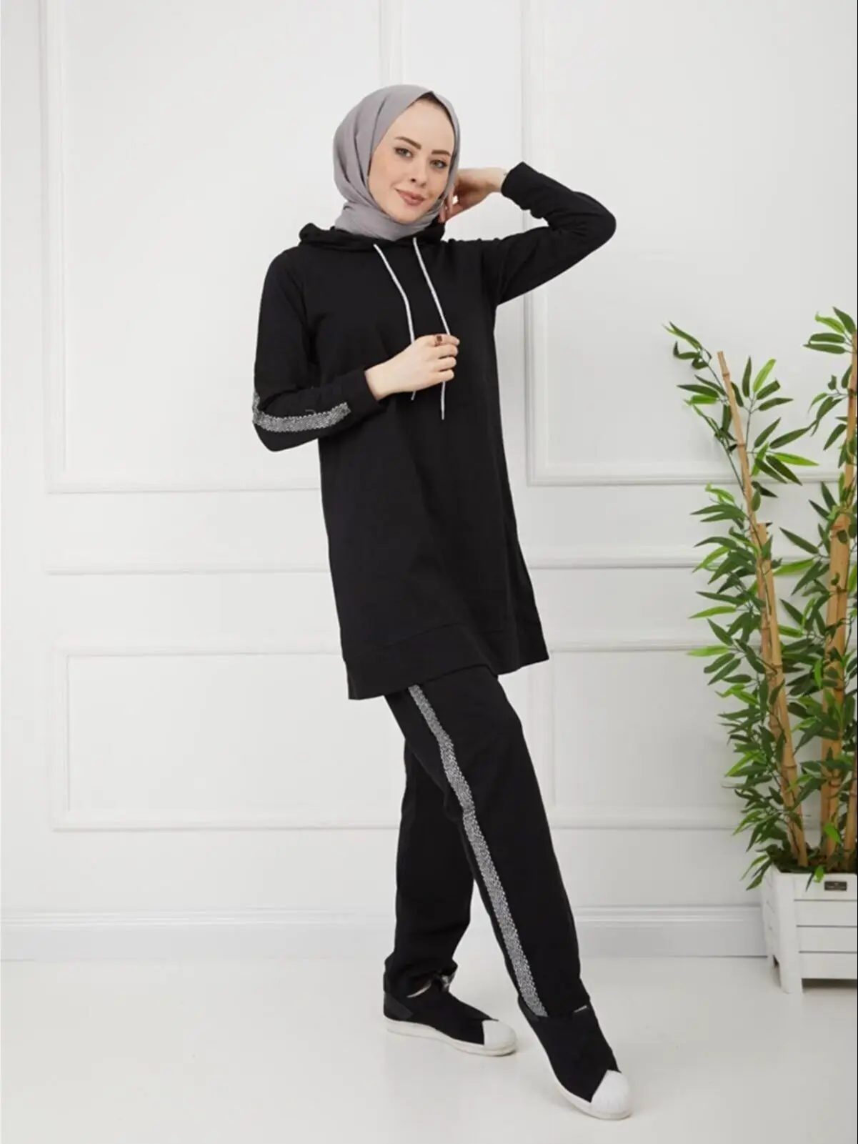 Imagem -04 - Listrado Hijab Conjunto de Treino sem Forro Manga Longa Sazonal Verão Feminino Hijab Roupas Muçulmano Moda à Moda