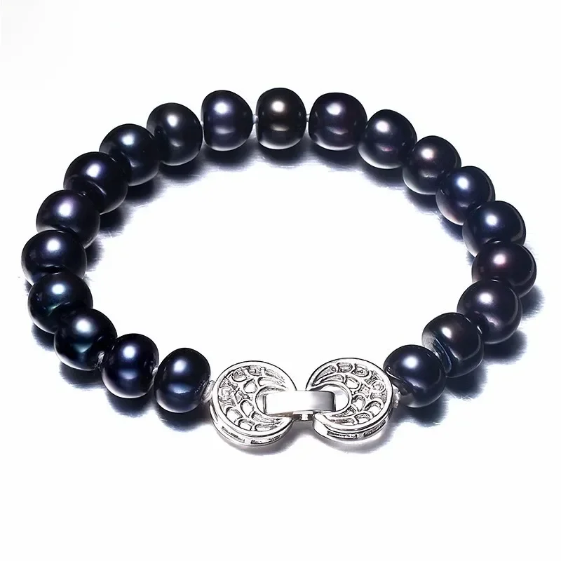 HENGSHENG duża naturalna czarna bransoletka perłowa, 925 Sterling Silver kobiety biżuteria bransoletka, 9-10mm chleb słodkowodna perła, prezent — zdjęcie 2