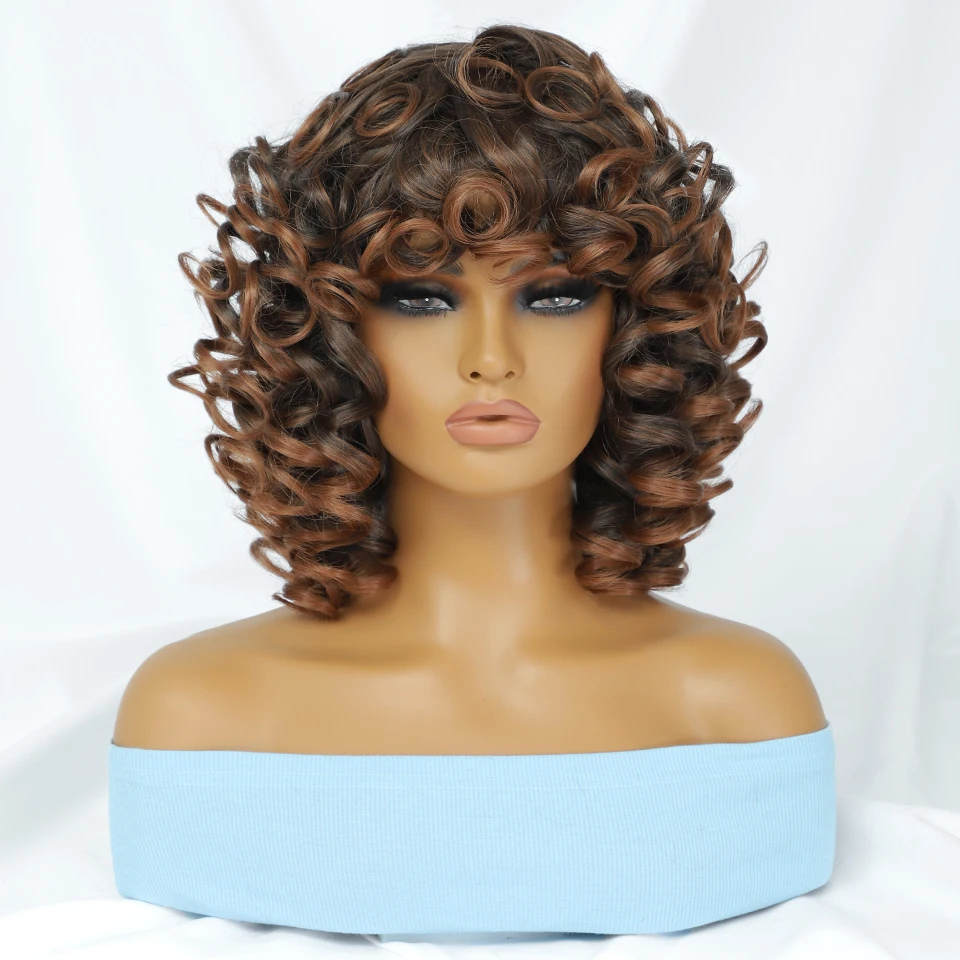 

Short Hair Afro kinky Curly Wigs With Bangs For Black Women Fluffy Synthetic Ombre Cosplay Mixed Brown Blonde Wigs