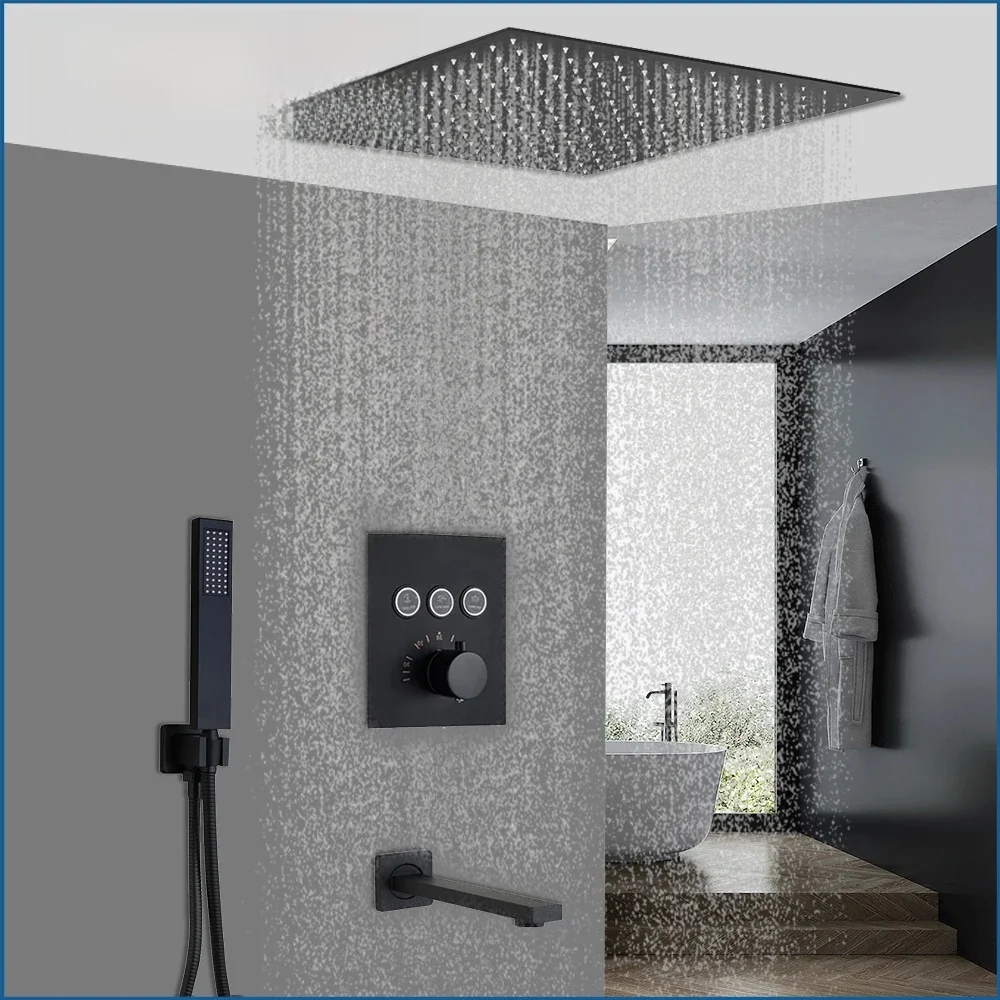 KEMAIDI thermostatische douchekraan verborgen installatie badkamer douchekraan set met regenval grote douchekop douchesysteem zwart - afbeelding 2