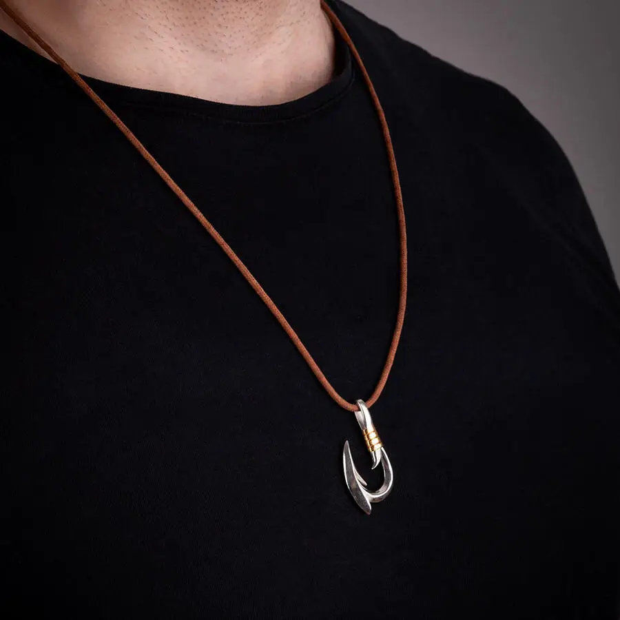 Men's 925 Sterling Silver Hook Necklace with Gold Detail and Leather String