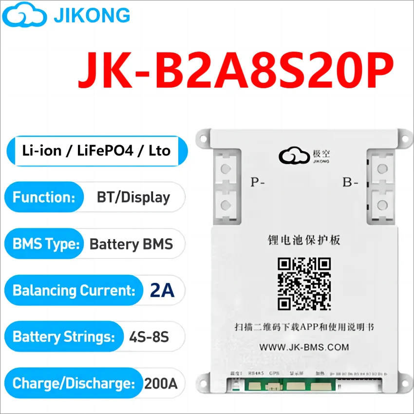 JK BMS B2A8S20P Smart BMS 4S 5S 6S 7S 8S 12V 24V 48V ACTIVE BALANCE 1A 2A lifepo4 Li-ion LTO 100A 200A jikong bms RS485 CAN HEAT