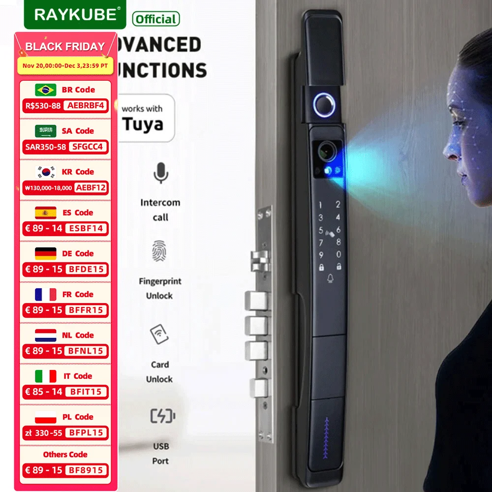 RAYKUBE Tuya WiFi Waterproof Visual Intercom 3D Face Recognition Digital Fingerprint Lock With Video Call Keyless Unlock A216