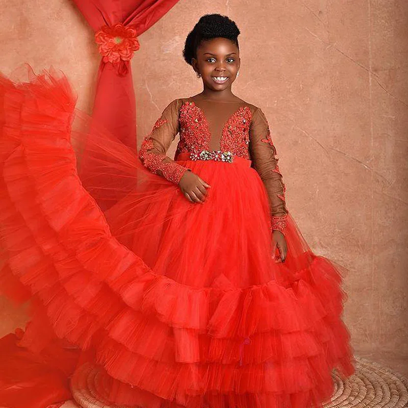 Robe de bal rouge en Tulle pour filles, tenue de fête d'anniversaire en dentelle avec perles, vêtements de concours pour tout-petits