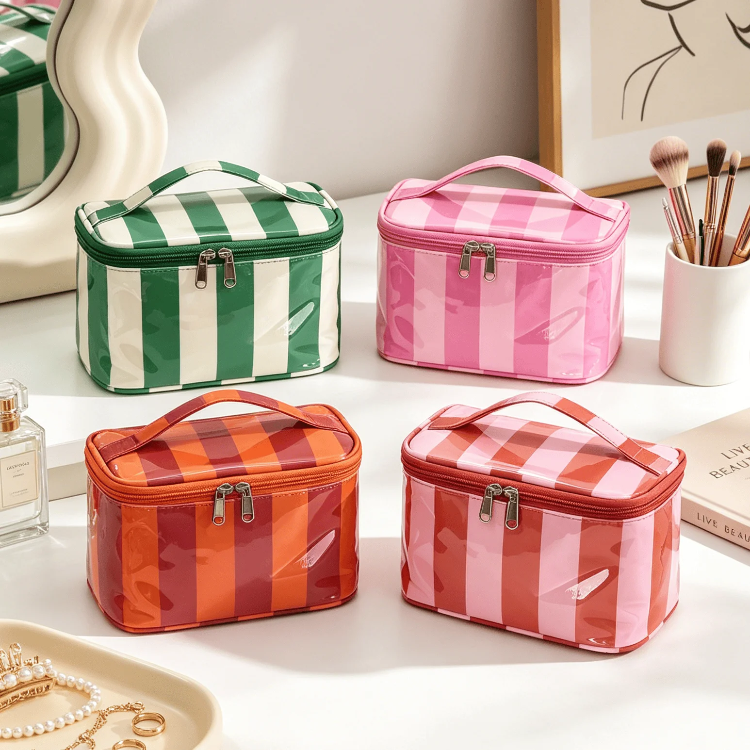 Women'S Color-Block Striped Handheld Makeup Case, Large-Capacity Double-Zipper Cosmetics Storage Bag, Travel Toiletry Bag